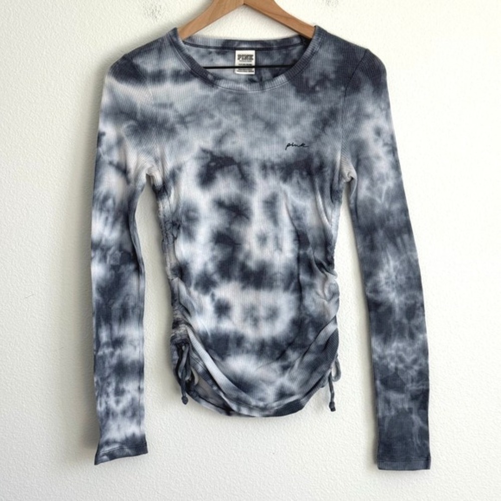 PINK VS Waffle Knit Top S Gray Tie Dye Ruched Side Crop‎ Y2K Coquette Loungewear